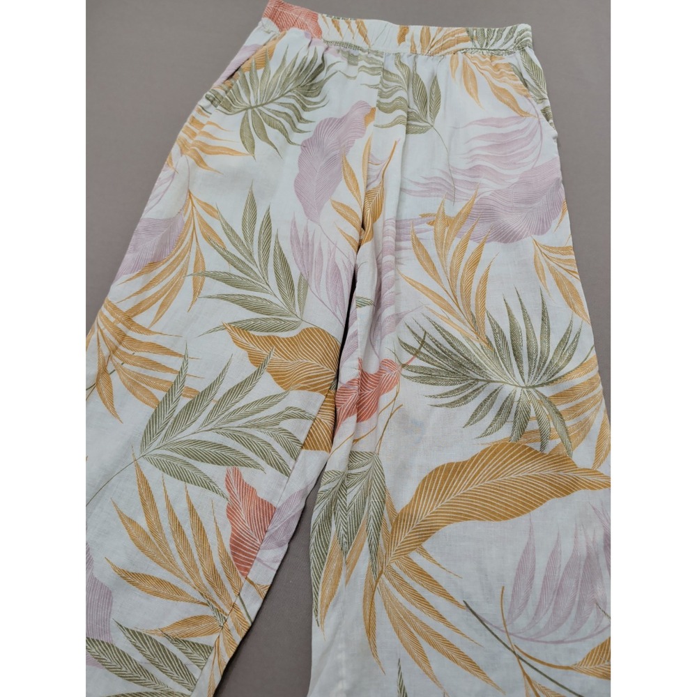 Tahari Wide Leg 100% Linen Pull On Cropped Pants Sz L Tropical Palm Leaf Beachy